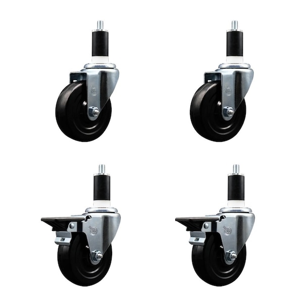 4'' Hard Rubber Wheel Swivel 1-3/8'' Expand Stem Caster Set 2 Brakes, 4PK